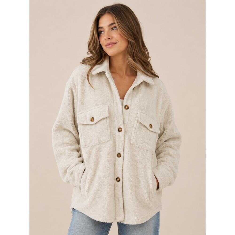 Alter’d State Cream Teddy Fleece Shirt Jacket / Shacket - Picture 1 of 8